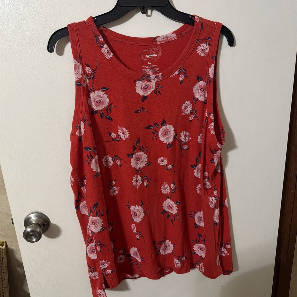 Sonoma Goods For Life Red Floral Sleeveless Henley Blouse XL High Low Rayon